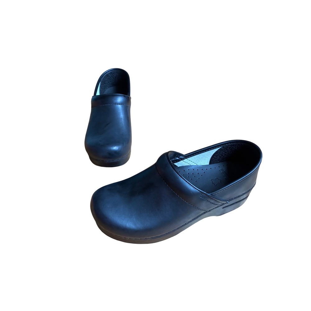 Dansko Professional Black Box Leather Clogs Womens 37 6.5 Slip On Comfort